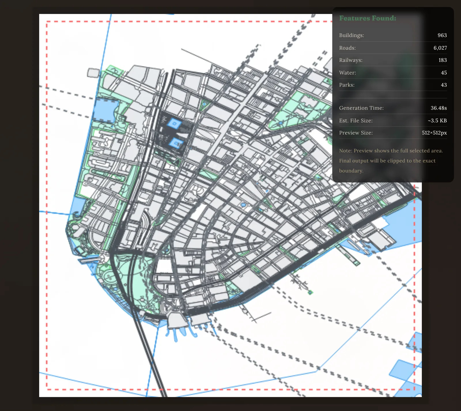 Free 2D preview of a Lower Manhattan map in the studio