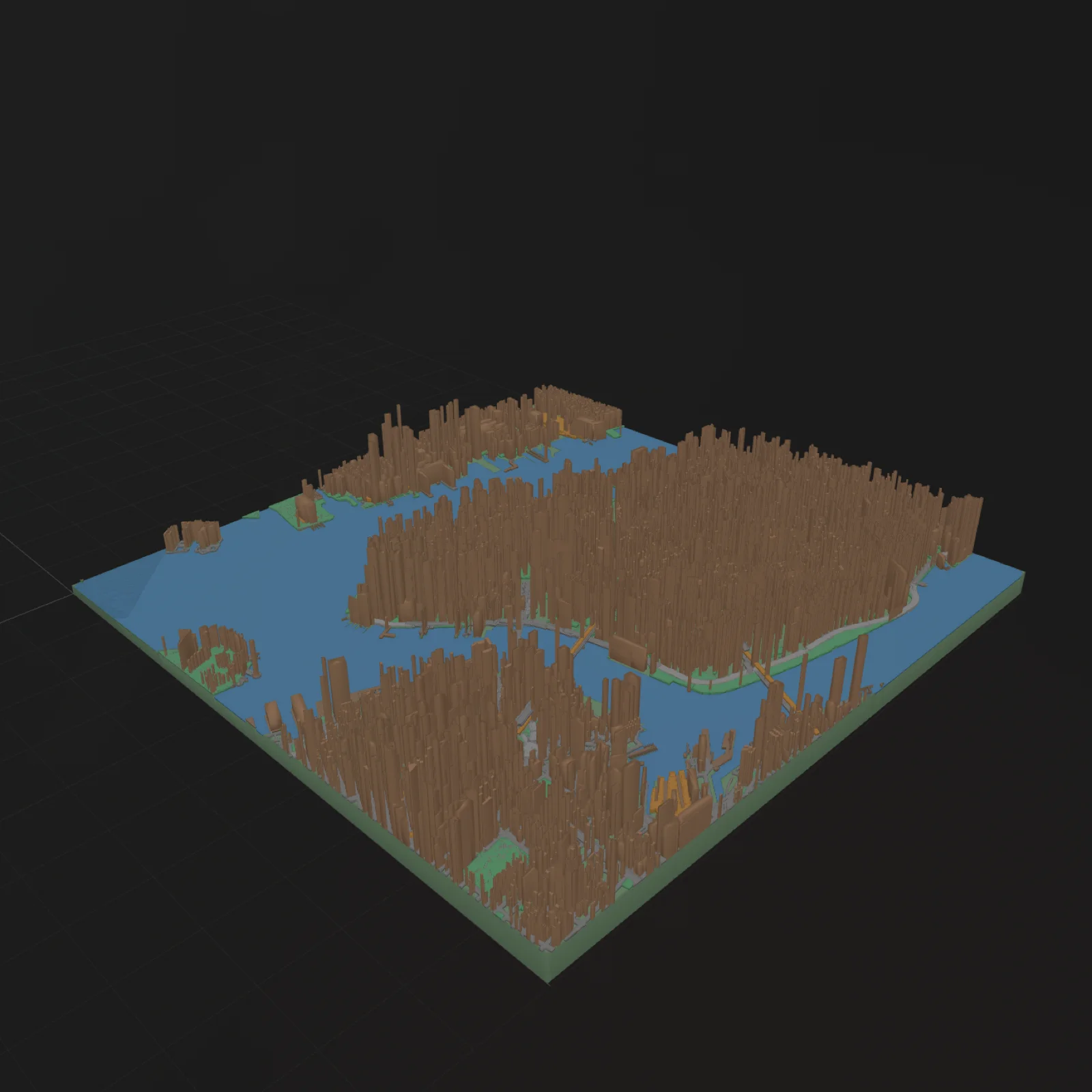 Generated 3D map of New York Harbor showing filled water, piers, and building heights