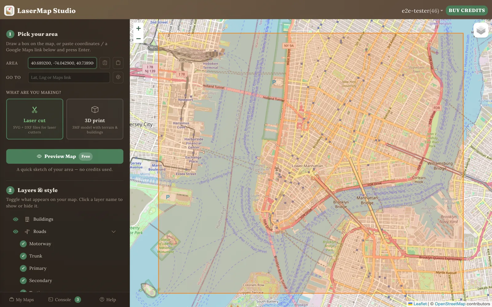 LaserMap Studio on desktop with the New York harbor area selected