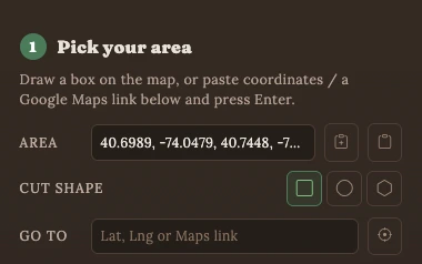 The Pick your area panel with coordinates pasted in