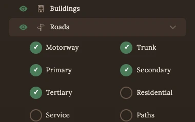 The layer list with road types toggled on and off